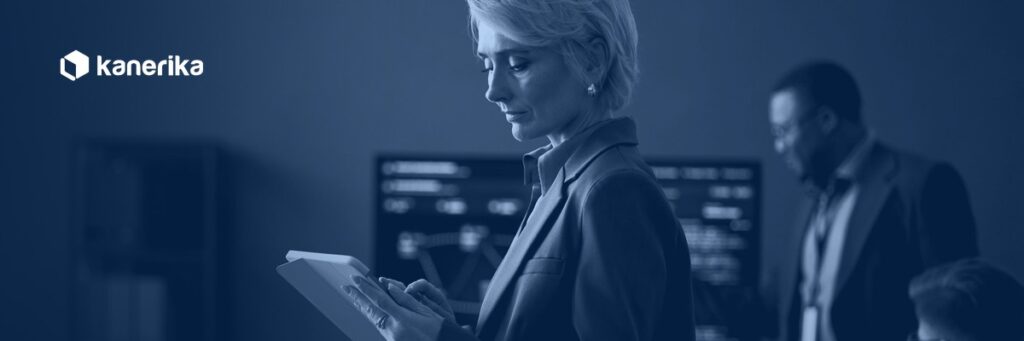 Compliance and security leader reviewing a unified AI governance architecture dashboard in a navy-toned office scene