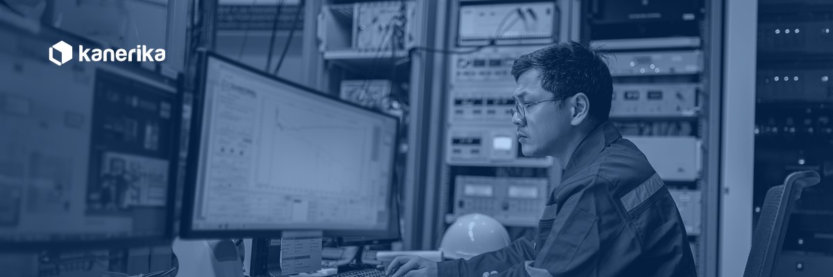 Kanerika banner for workflow orchestration tools, an engineer monitoring pipeline dashboards in a control room