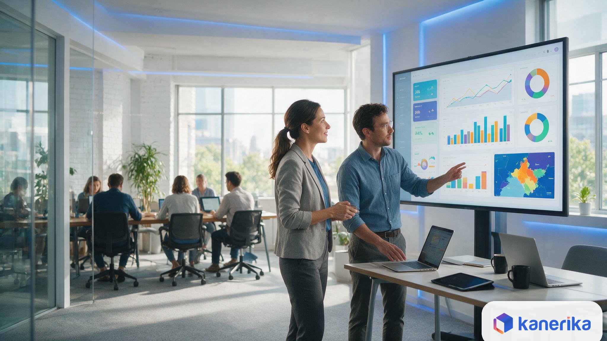 Business team reviewing self-service analytics dashboards in a modern office