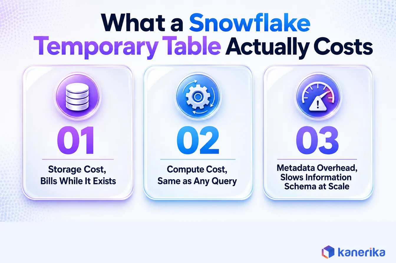 Kanerika infographic breaking down Snowflake temporary table costs across storage, compute, and metadata overhead on Information Schema queries
