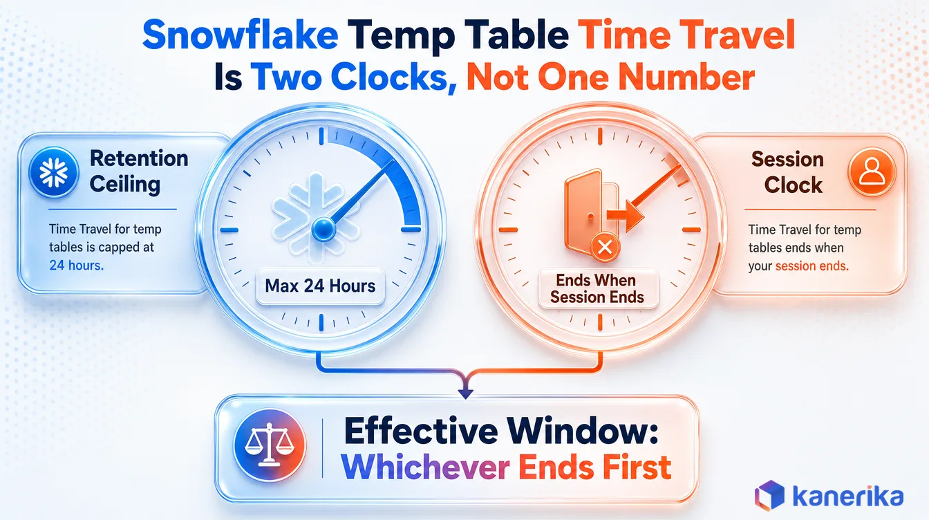 Kanerika infographic of Snowflake temporary table Time Travel as two clocks, a maximum 24 hour retention ceiling and the session end clock, whichever is shorter wins