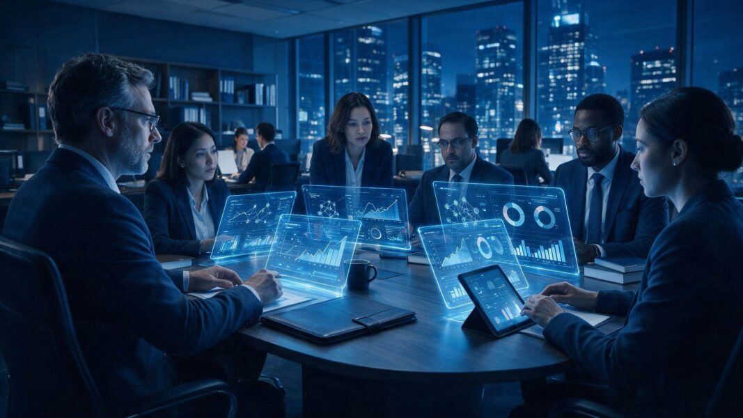 Enterprise audit team reviewing AI governance dashboards, representing an AI auditing framework