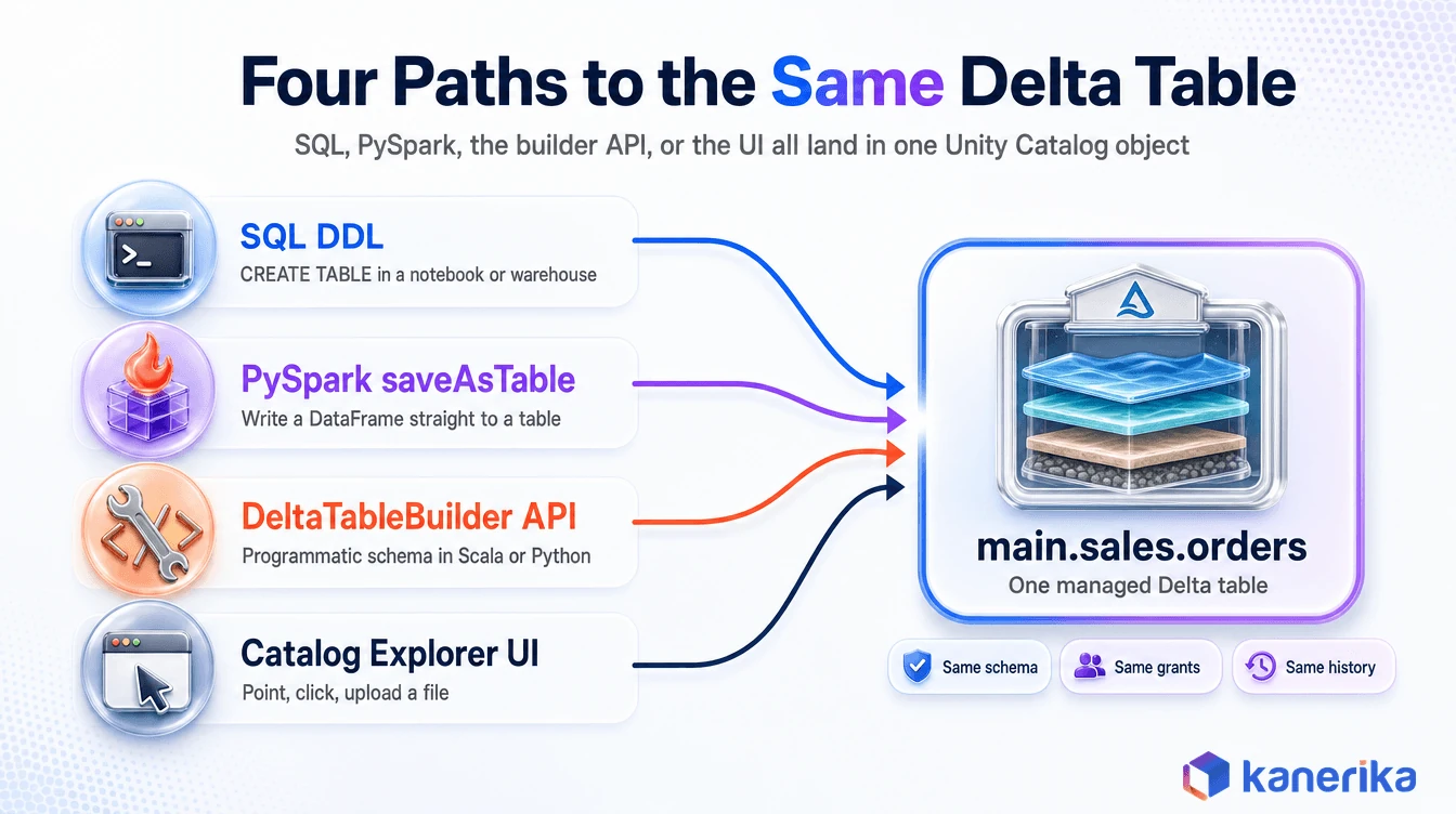 Kanerika data flow diagram showing SQL DDL, PySpark saveAsTable, the DeltaTableBuilder API, and Catalog Explorer all creating the same managed Delta table in Unity Catalog