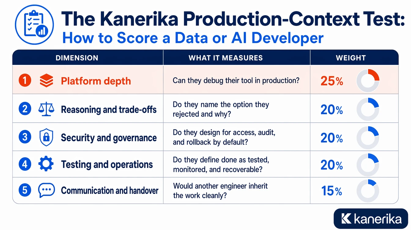 Kanerika infographic of the Production-Context Test scorecard for screening dedicated developers on data and AI work, showing the five weighted dimensions of platform depth, reasoning, security, testing and operations, and communication