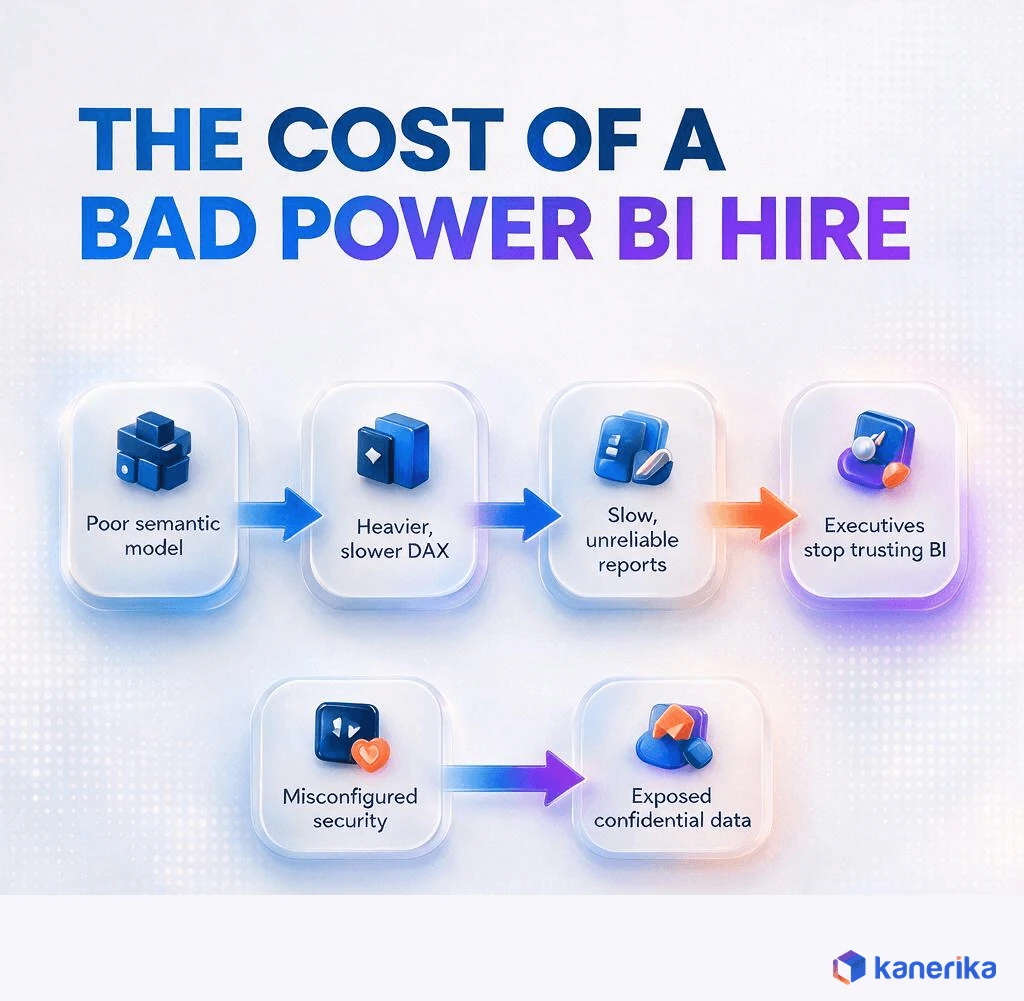 Kanerika infographic showing the cost of a bad Power BI hire, from a poor semantic model to slow reports and executives losing trust in BI