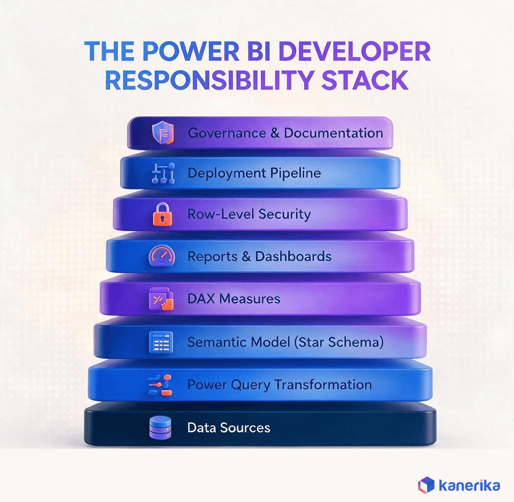 Kanerika infographic of the Power BI developer responsibility stack, from data sources and Power Query through semantic modeling, DAX, security, deployment, and governance