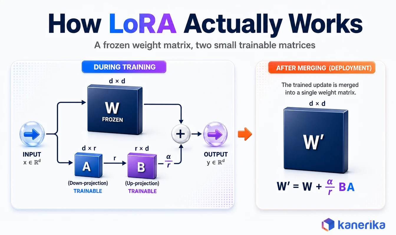 Infographic diagram showing how LoRA works with a frozen weight matrix and two small trainable matrices