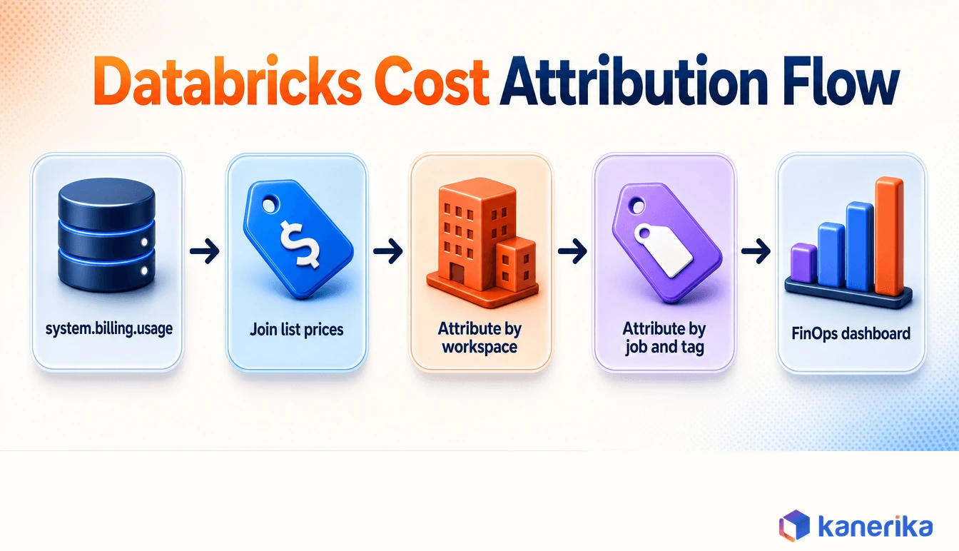 Kanerika infographic of the Databricks cost attribution flow from system.billing.usage through list price joins to workspace, job, and tag attribution