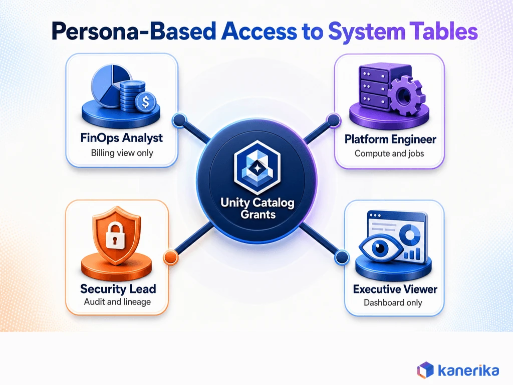 Kanerika infographic of persona-based access to Databricks system tables, showing FinOps analyst, platform engineer, security lead, and executive viewer access levels