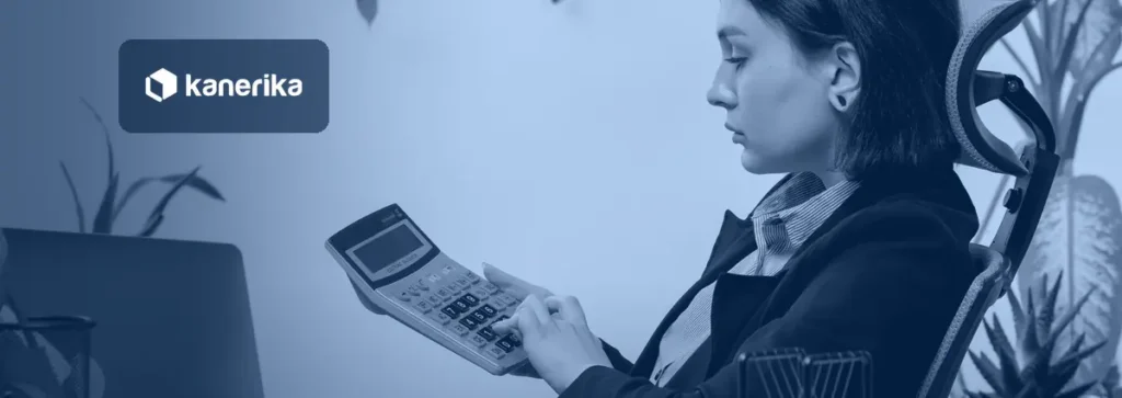 AI agent development cost banner showing an analyst working through a budget on a calculator at her desk