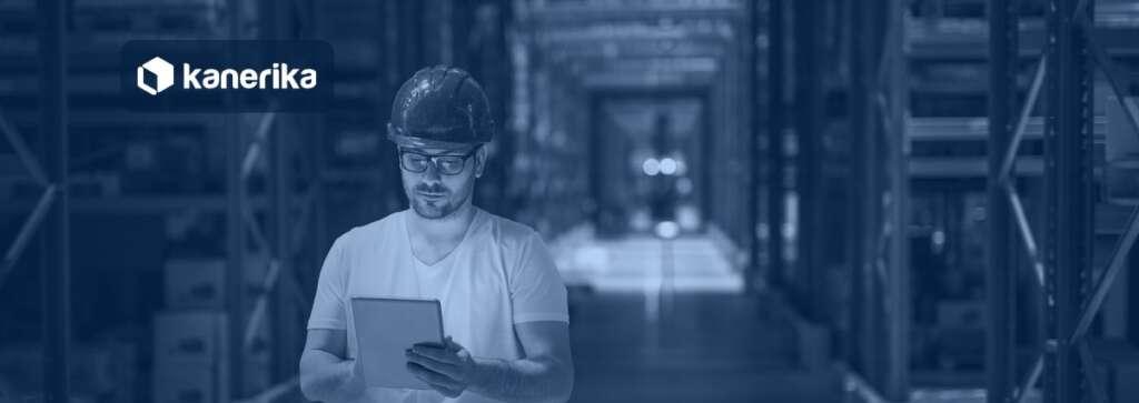 AI in demand forecasting banner showing a warehouse planner reviewing inventory data on a tablet