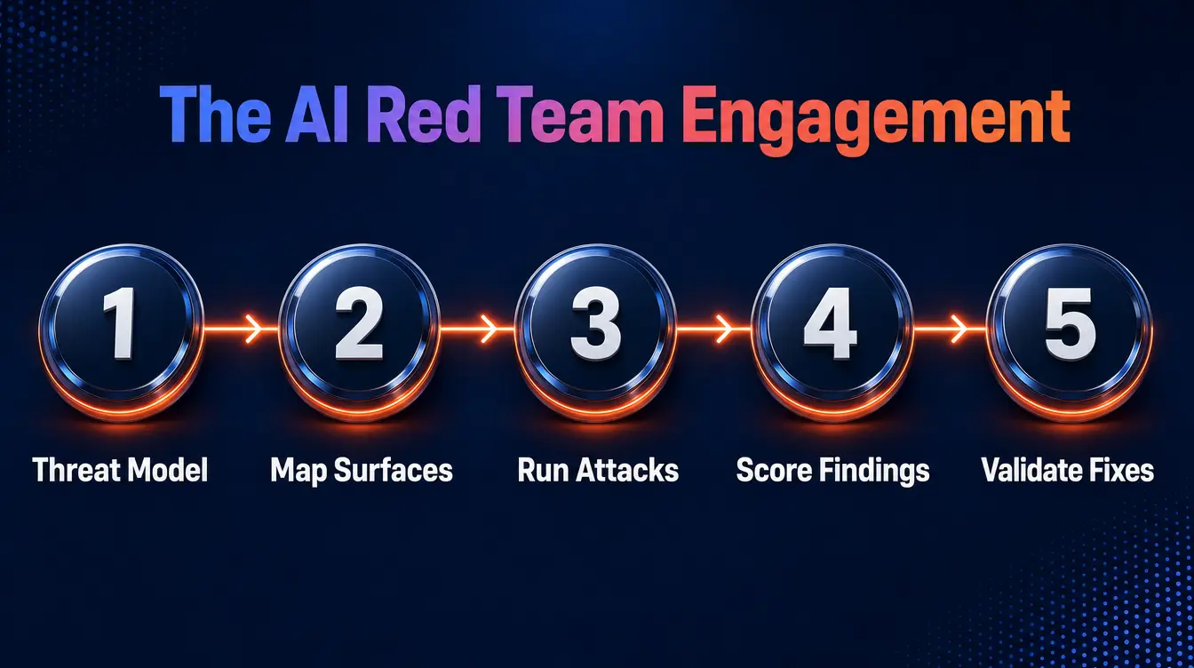 Five phases of an AI red teaming engagement from threat model to validate fixes