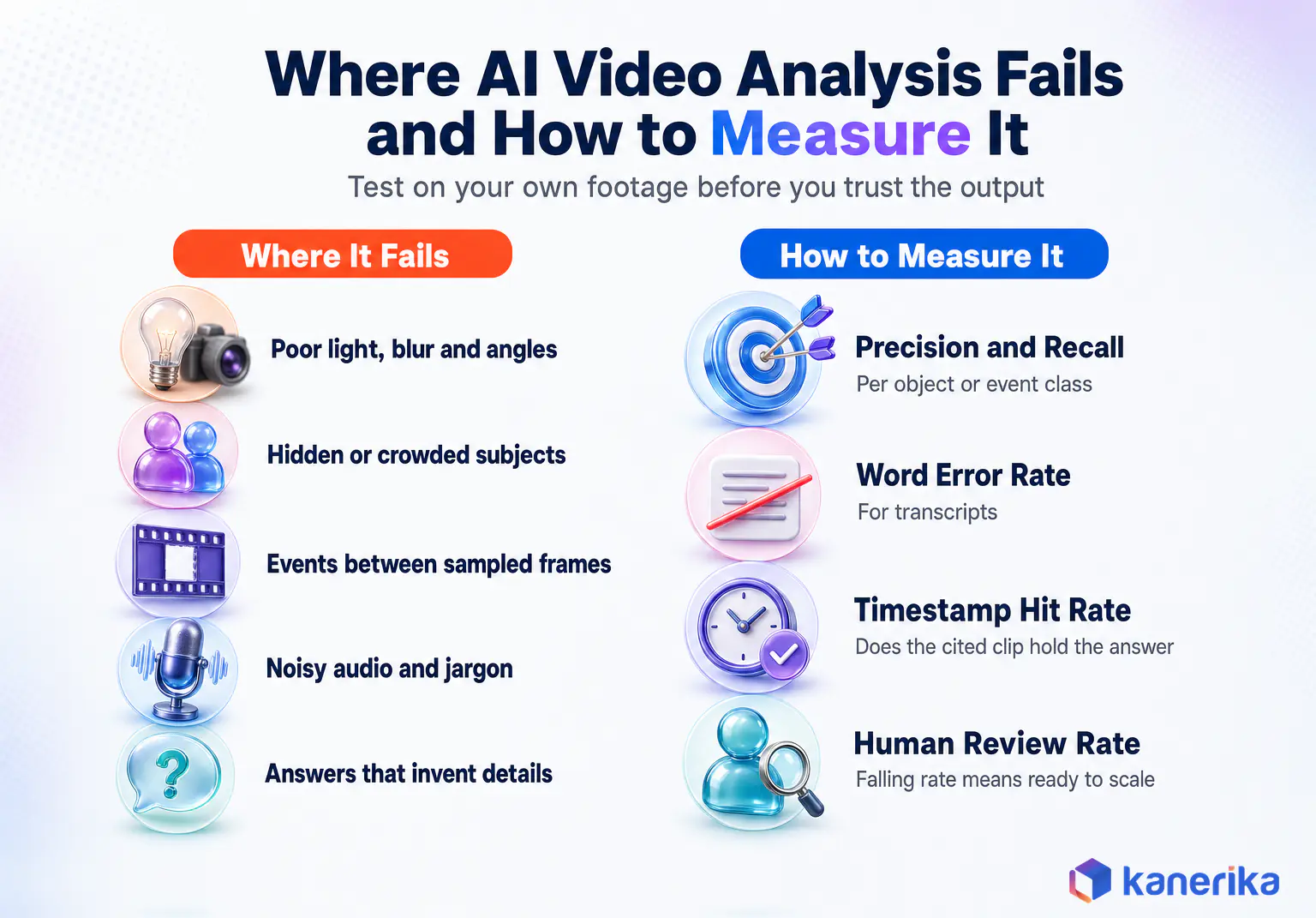 Kanerika infographic of where AI video analysis fails, such as poor light and noisy audio, and how to measure it with precision, recall, word error rate and timestamp hit rate