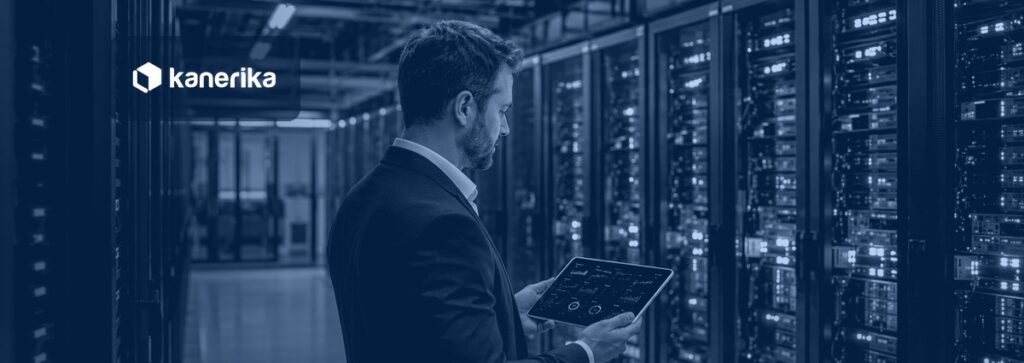 Kanerika banner for AI workload infrastructure: a data infrastructure architect reviewing GPU cluster utilization in a modern enterprise data center