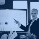 Data analytics tools banner showing an analyst presenting business intelligence dashboards to a team