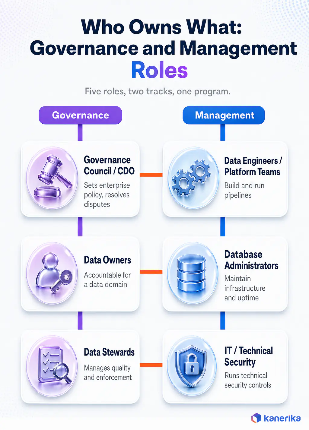 Infographic showing who owns what across governance and management: governance council or CDO, data owners, and data stewards on the governance track, and data engineers, database administrators, and IT on the management track