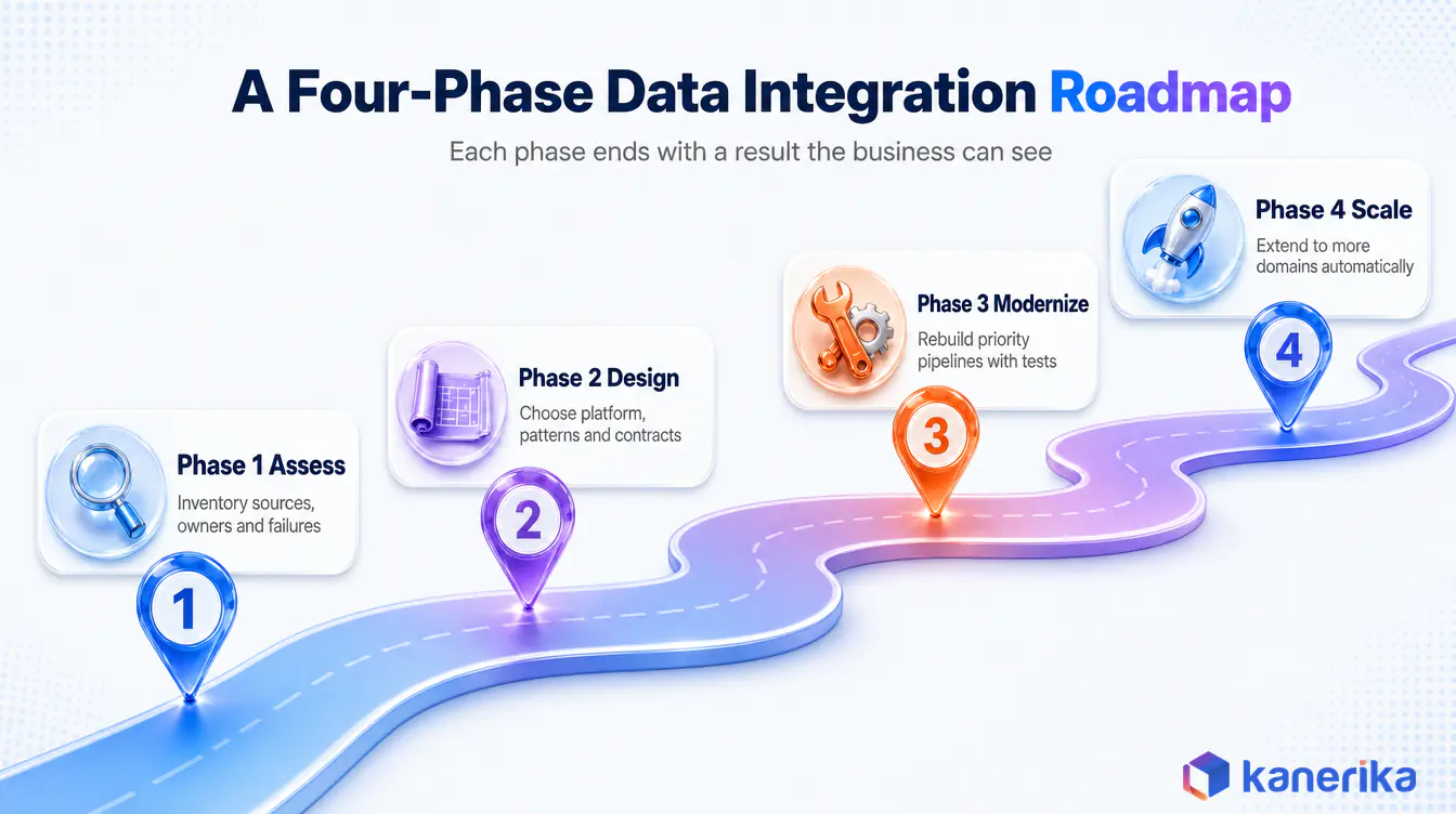Infographic of a four-phase data integration roadmap covering assess, design, modernize and scale