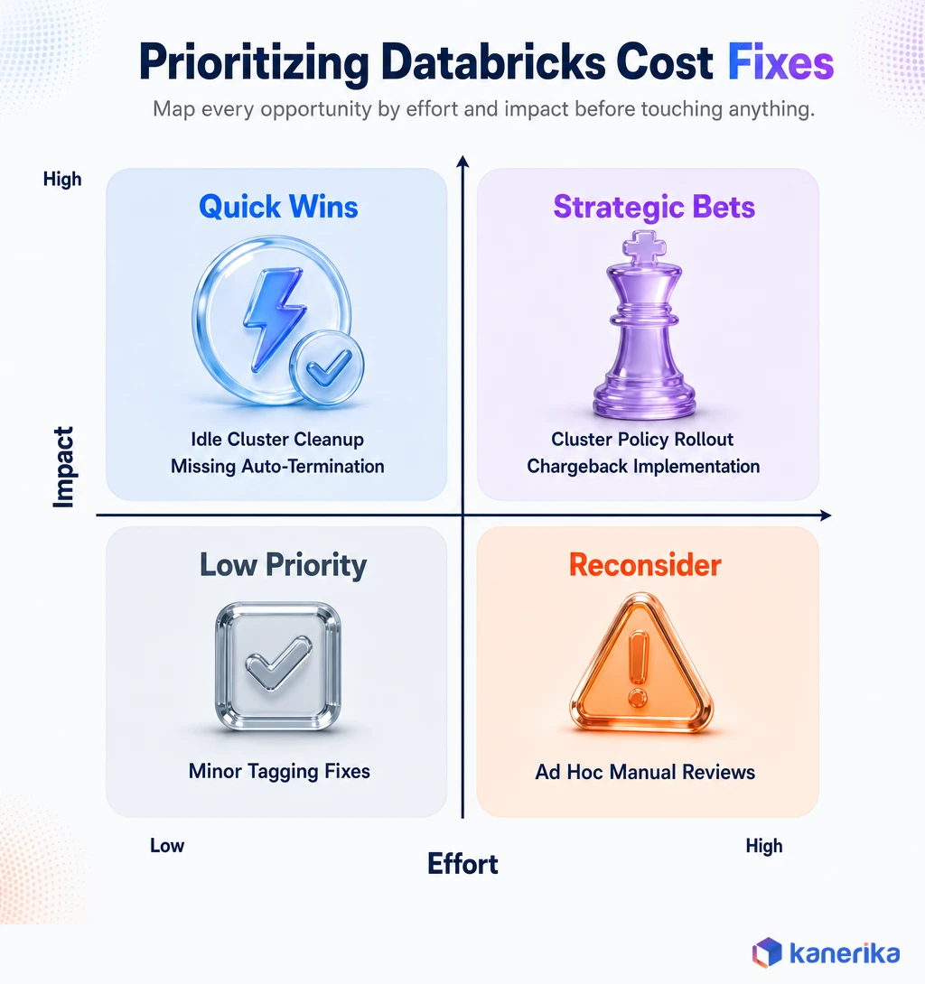 Kanerika infographic prioritizing Databricks cost optimization fixes by effort and impact in a quick wins, strategic bets, low priority, and reconsider quadrant