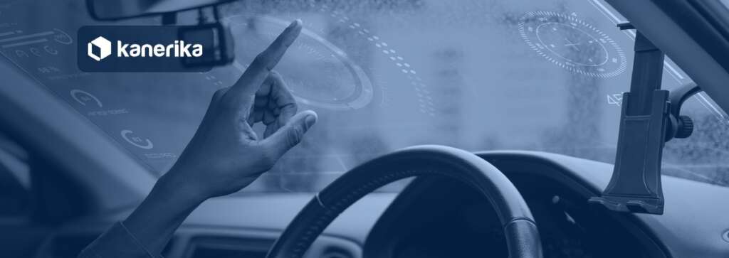 Edge computing in autonomous vehicles banner showing an in-vehicle heads-up display with sensor overlays