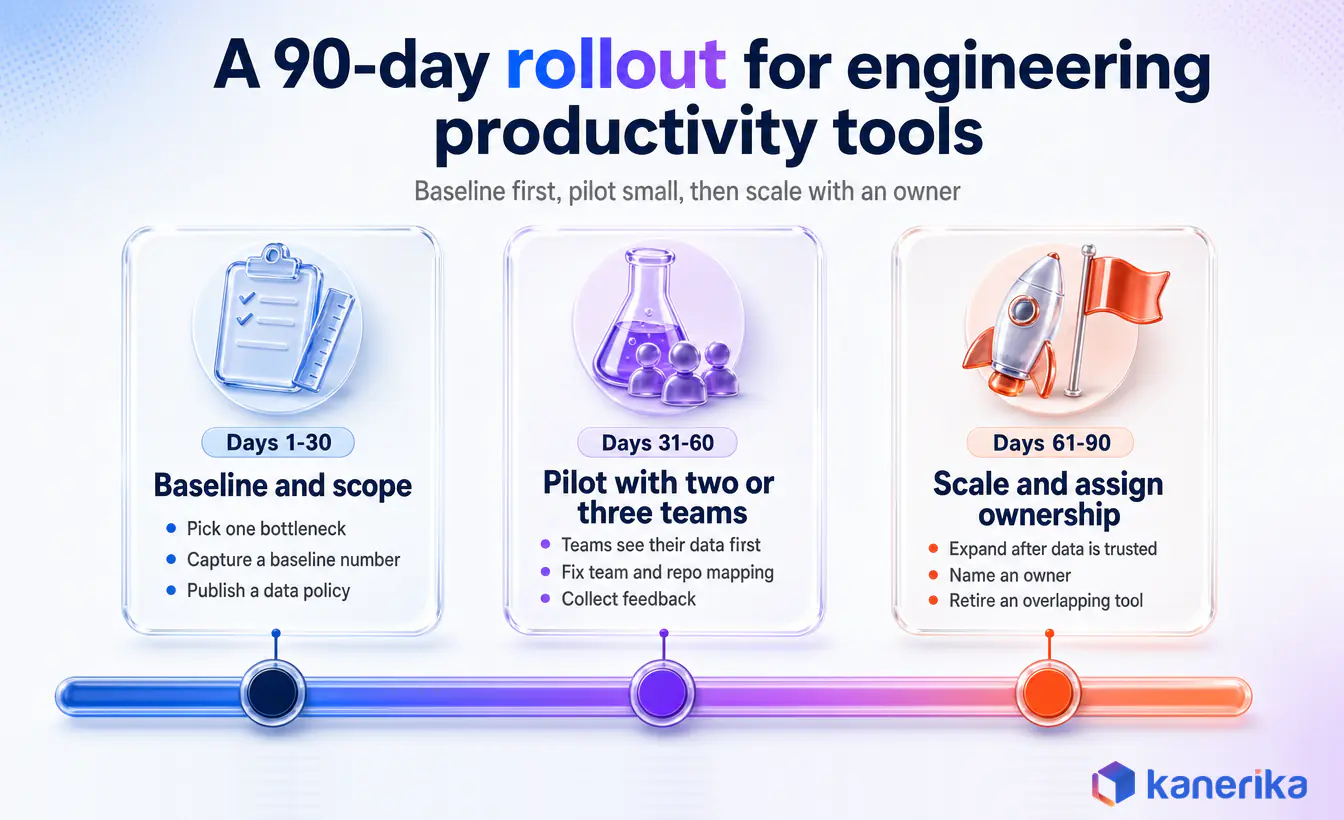 Kanerika infographic of a 90-day rollout plan for engineering productivity tools: baseline and scope, pilot with two or three teams, then scale and assign ownership