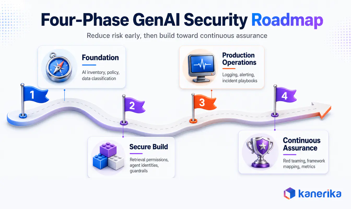 Kanerika infographic of a four-phase generative AI security roadmap: foundation, secure build, production operations, and continuous assurance