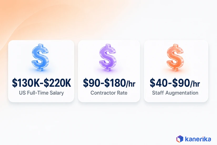 Infographic of AI engineer cost benchmarks, US full-time salary, contractor rate, and staff augmentation rate