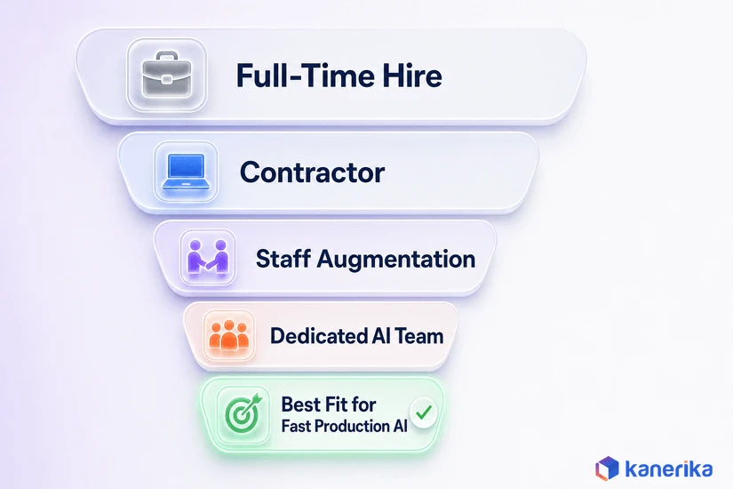 Infographic showing a hiring model funnel from full-time hire to staff augmentation for hiring AI engineers