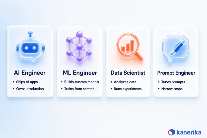 Infographic comparing AI Engineer, ML Engineer, Data Scientist, and Prompt Engineer roles and responsibilities