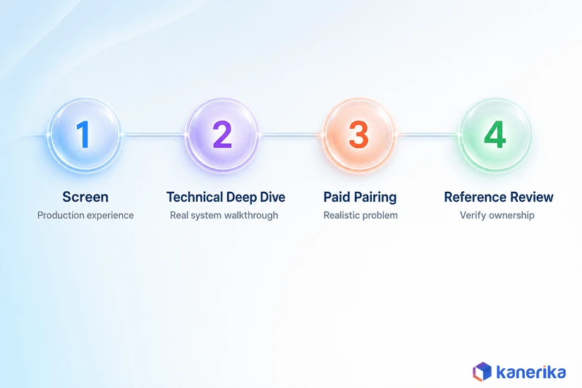 Infographic of a 4-stage AI engineer interview process, screen, technical deep dive, paid pairing, and reference review