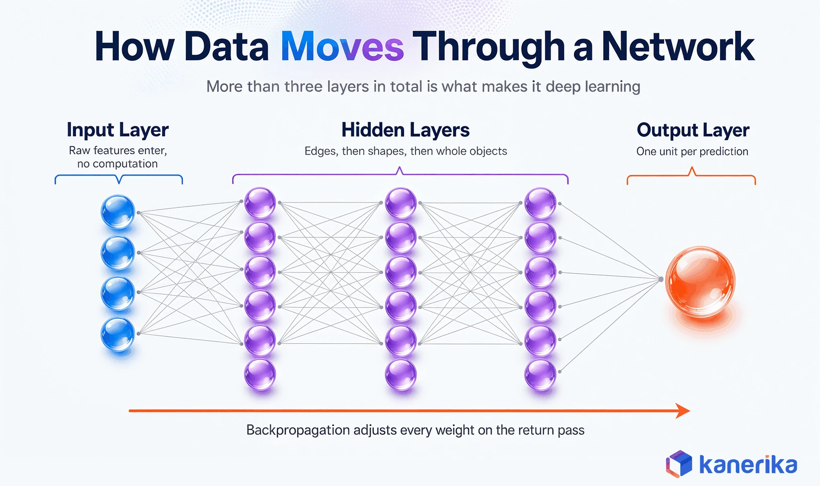 Infographic diagram showing how data moves through a neural network from input layer to hidden layers to output layer
