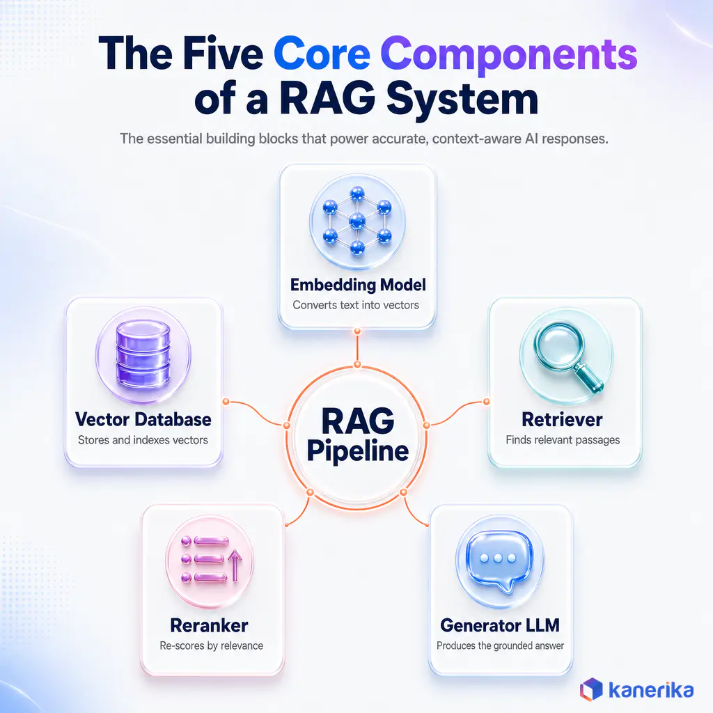 Kanerika infographic of the five core components of a retrieval-augmented generation system: embedding model, vector database, retriever, reranker, and generator LLM, arranged around a central RAG hub