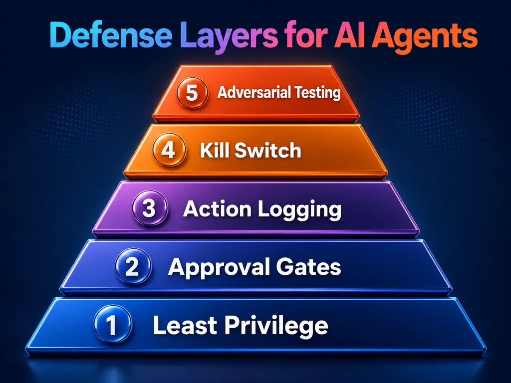 Five defense layers for AI agents from least privilege to adversarial testing