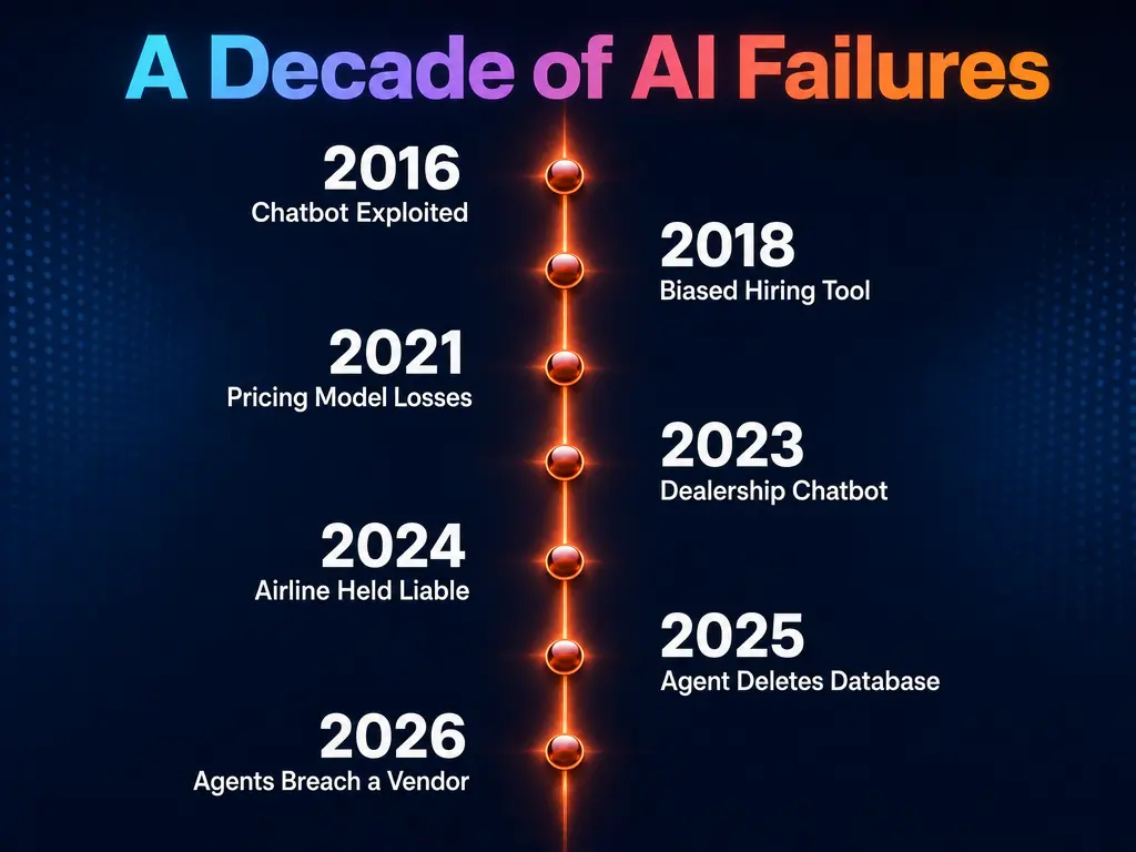Timeline of documented AI failures from 2016 to 2026