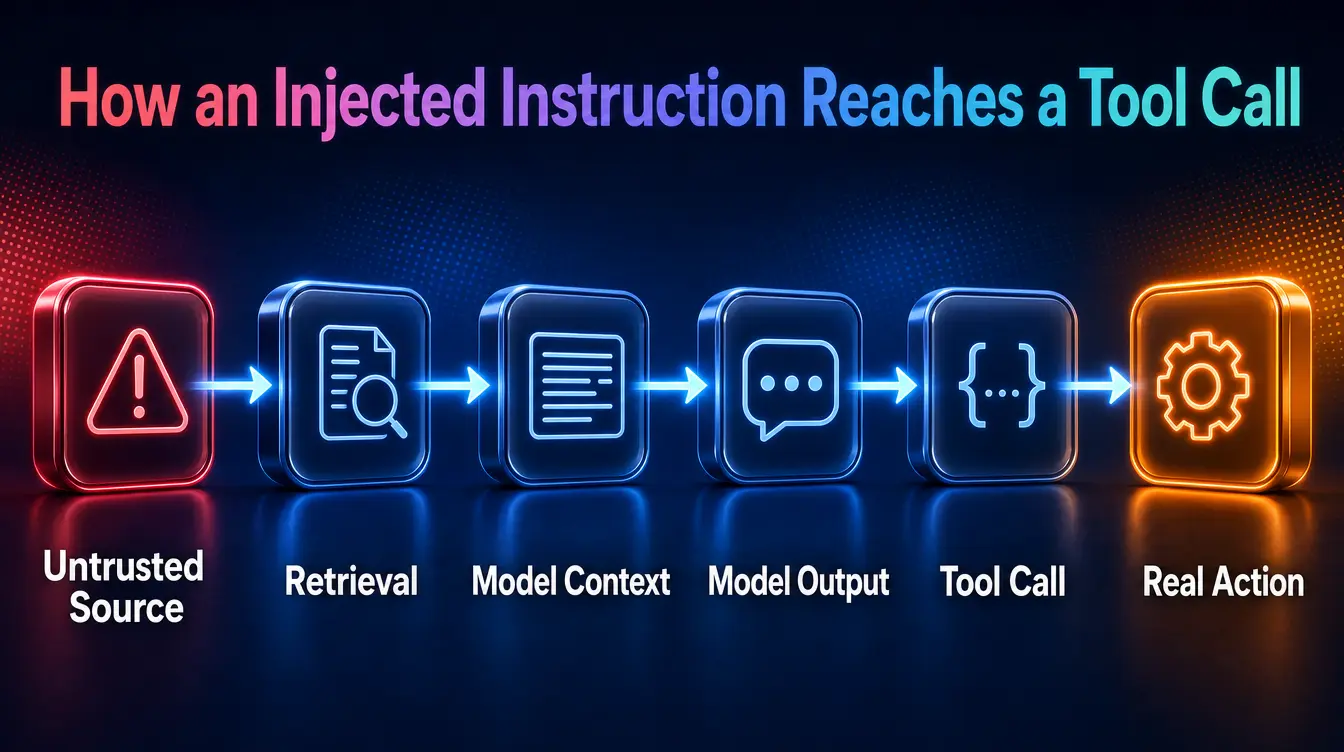 Data flow showing how an injected instruction travels from an untrusted source to a real action