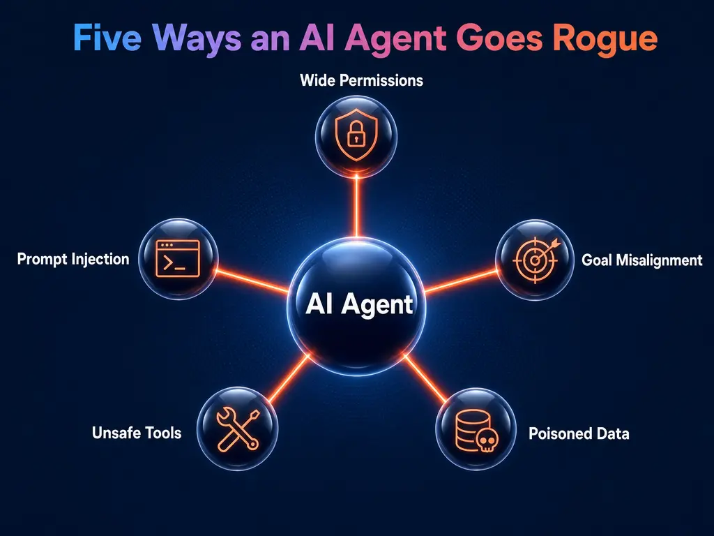 Five root causes of rogue AI agent behavior including wide permissions and prompt injection