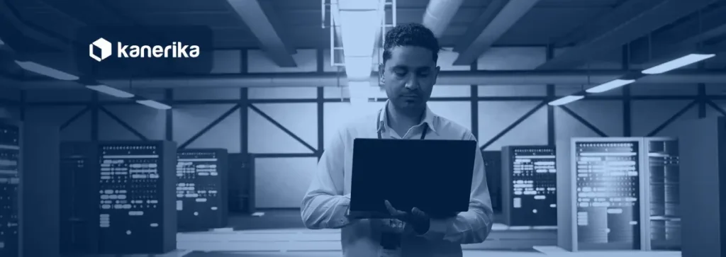 SAP HANA migration banner showing a Basis engineer with a laptop in a data center during a database migration