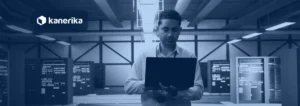 SAP HANA migration banner showing a Basis engineer with a laptop in a data center during a database migration