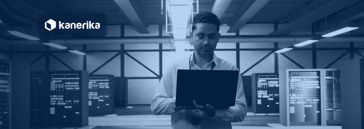 SAP HANA migration banner showing a Basis engineer with a laptop in a data center during a database migration