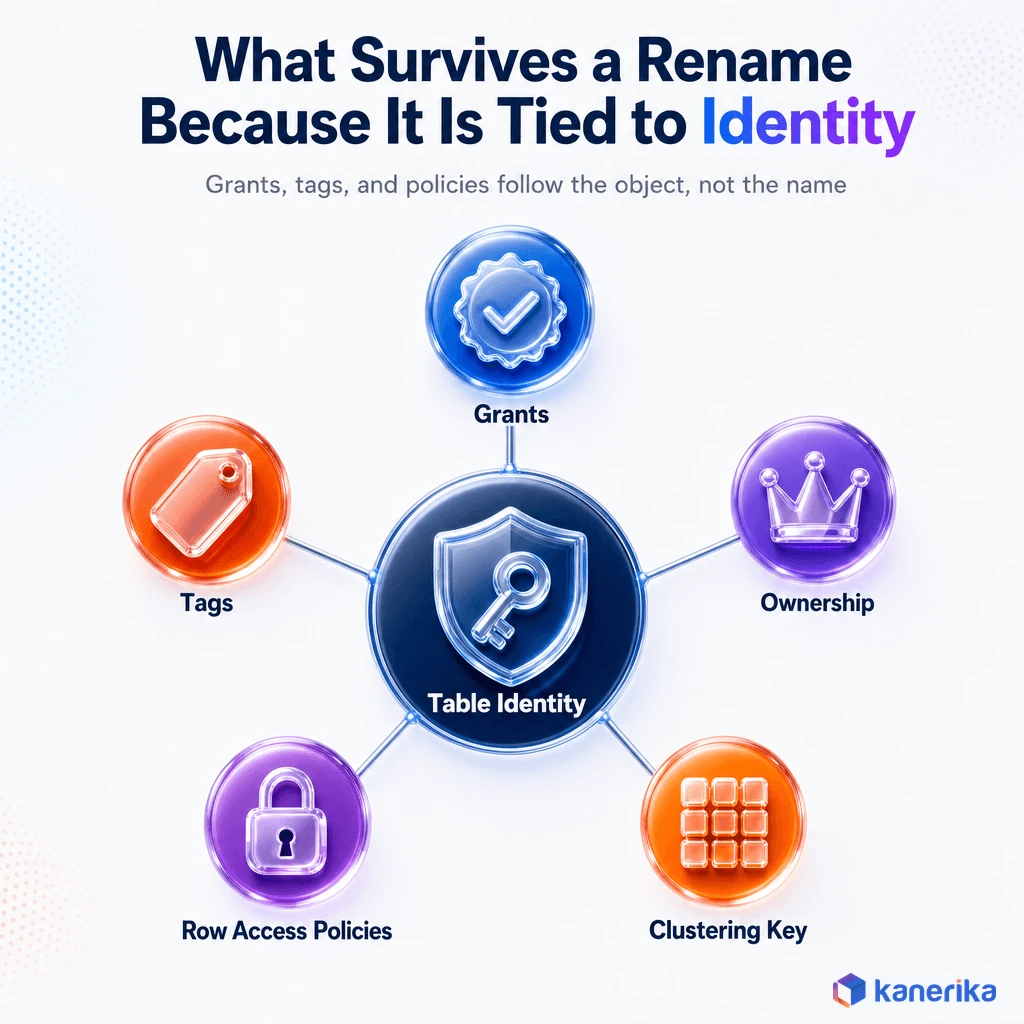 Infographic showing grants, ownership, tags, row access policies, and clustering keys survive a Snowflake table rename because they are tied to object identity, not the table name