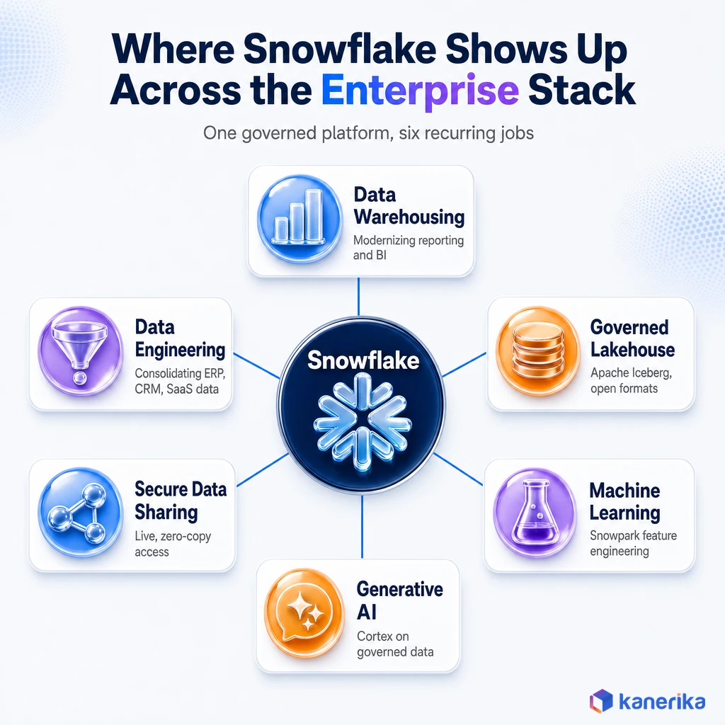 Kanerika infographic of six places Snowflake shows up in the enterprise stack: data warehousing, data engineering, governed lakehouse, secure data sharing, machine learning, and generative AI