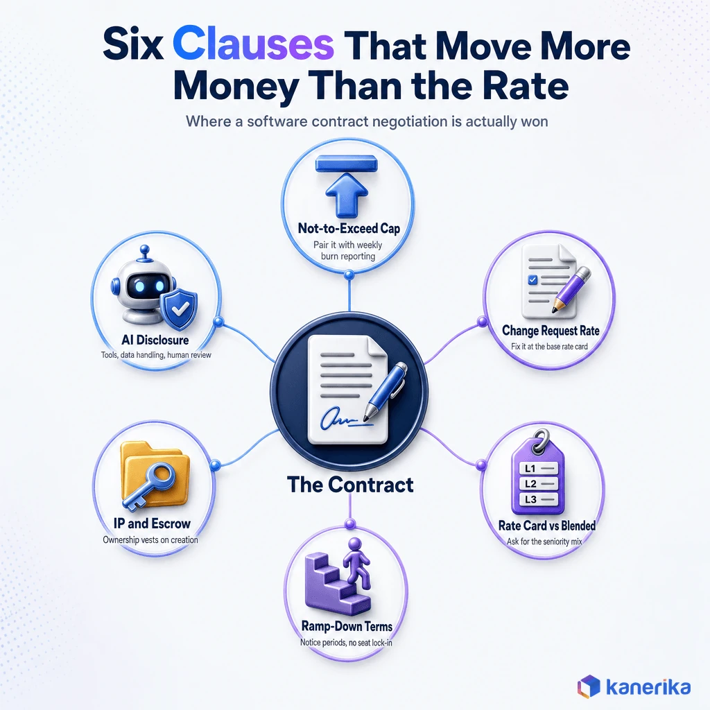 Kanerika infographic of six software contract clauses that move more money than the hourly rate, not to exceed cap, change request rate, rate card, ramp down, IP and escrow, and AI disclosure