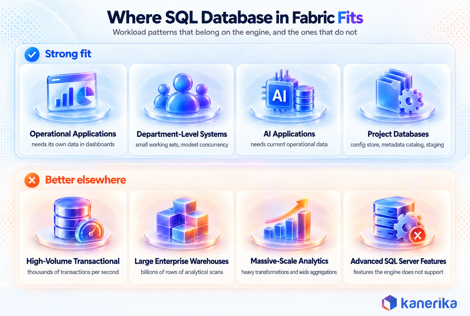 Infographic showing which workload patterns fit SQL Database in Microsoft Fabric and which belong on other Fabric engines