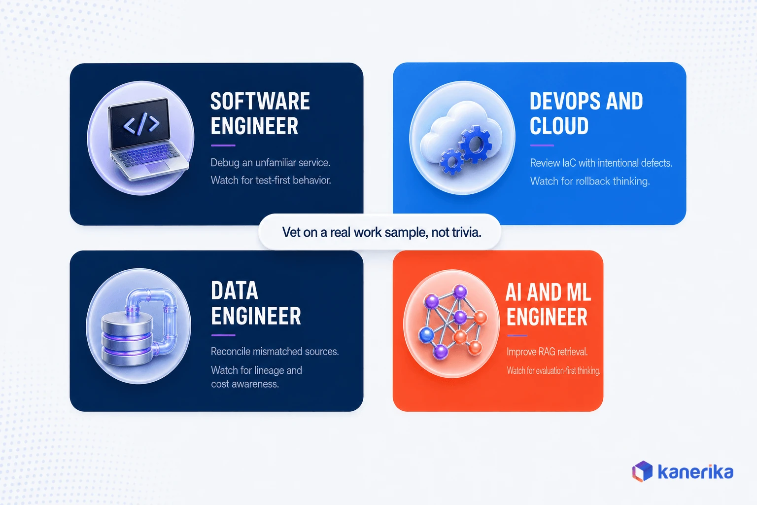 Role-specific vetting rubric for augmented software, DevOps, data, and AI engineers