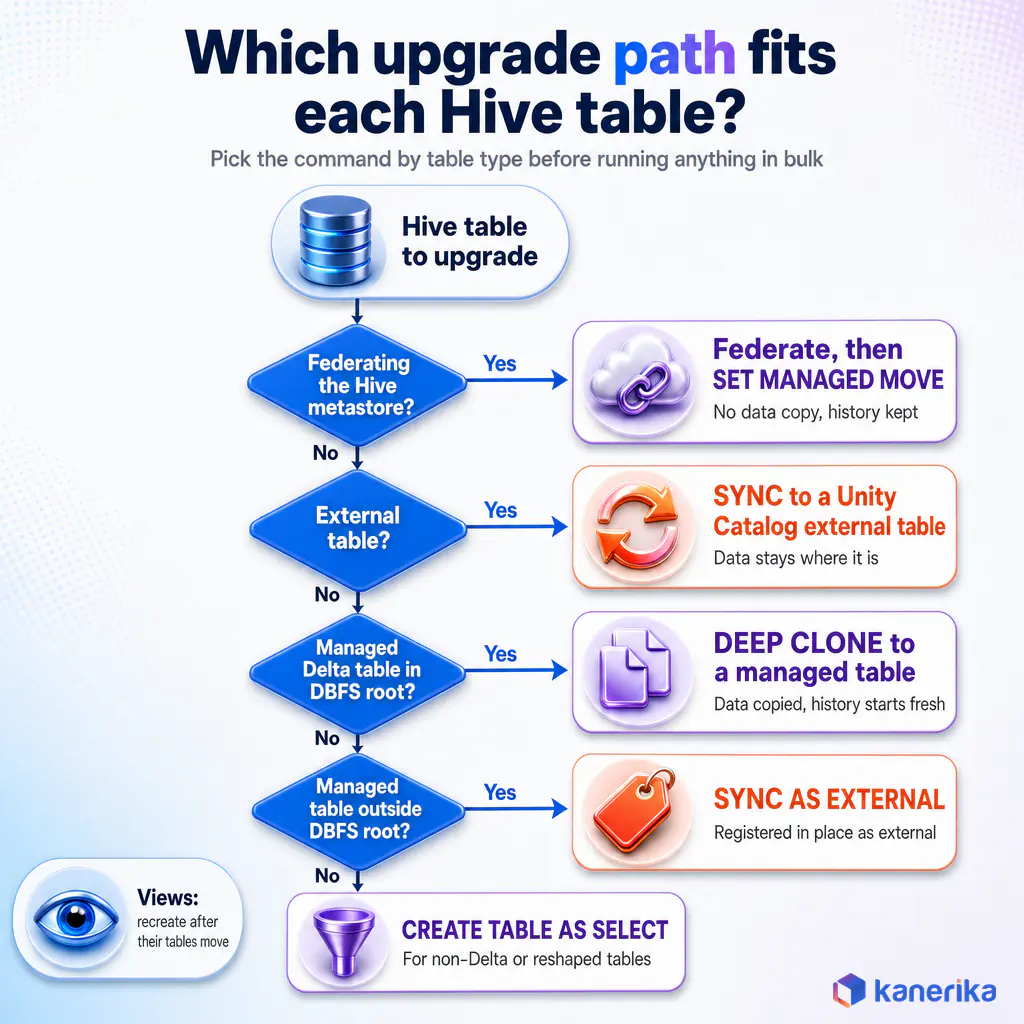 Kanerika infographic decision tree for choosing a Unity Catalog table upgrade path, federation with SET MANAGED MOVE, SYNC for external tables, DEEP CLONE for DBFS root managed tables, SYNC AS EXTERNAL and CREATE TABLE AS SELECT