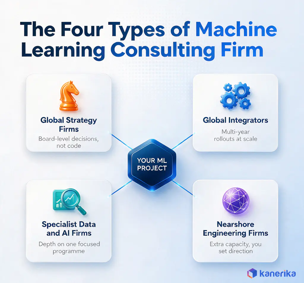 Infographic showing the four types of machine learning consulting firm around a central ML project hub