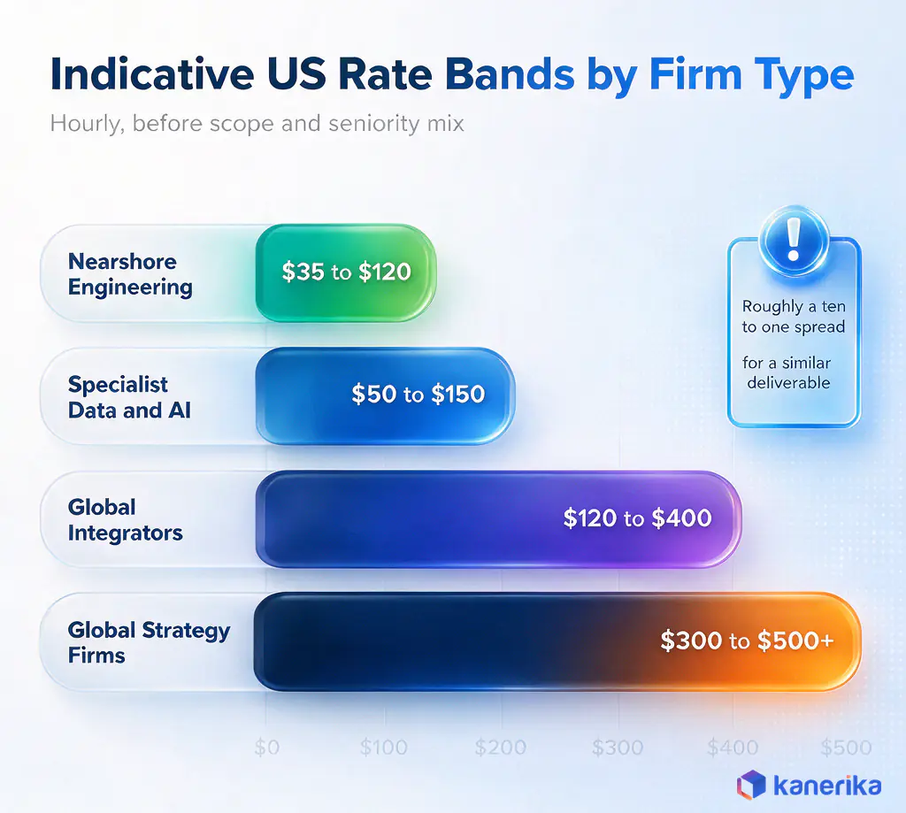 Infographic comparing indicative US hourly rate bands for machine learning consulting companies by firm type