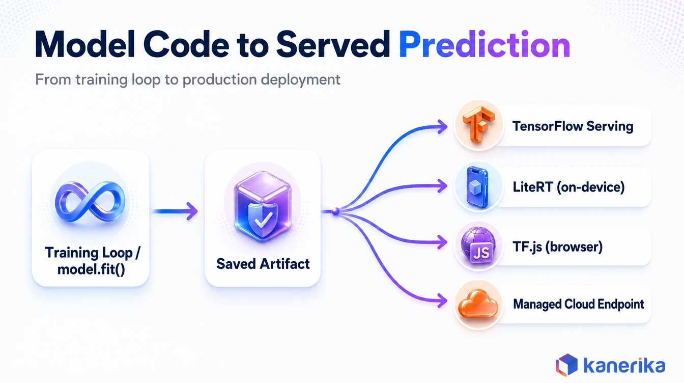 Data flow infographic from training loop to production deployment endpoints