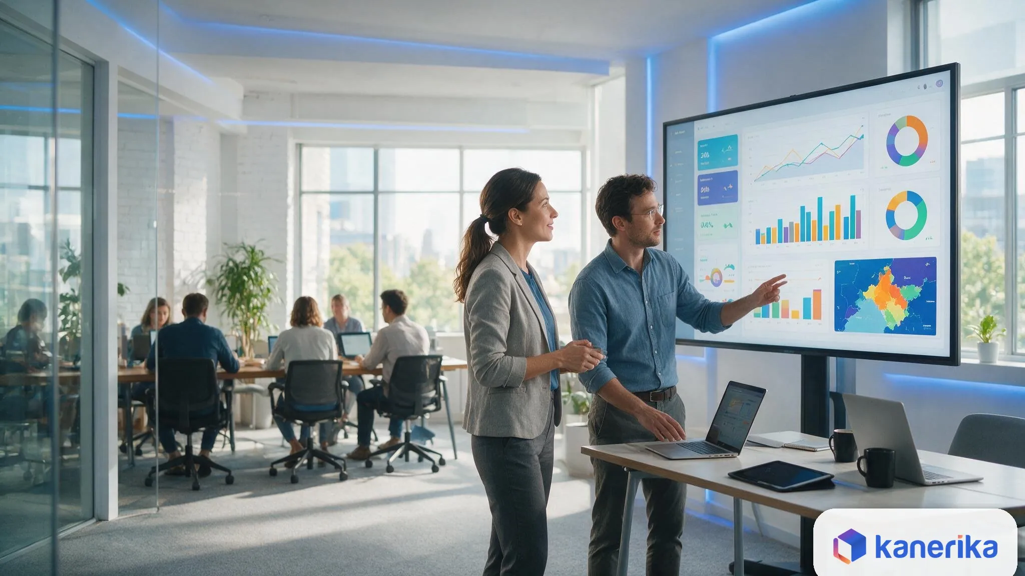 Business team reviewing self-service analytics dashboards in a modern office