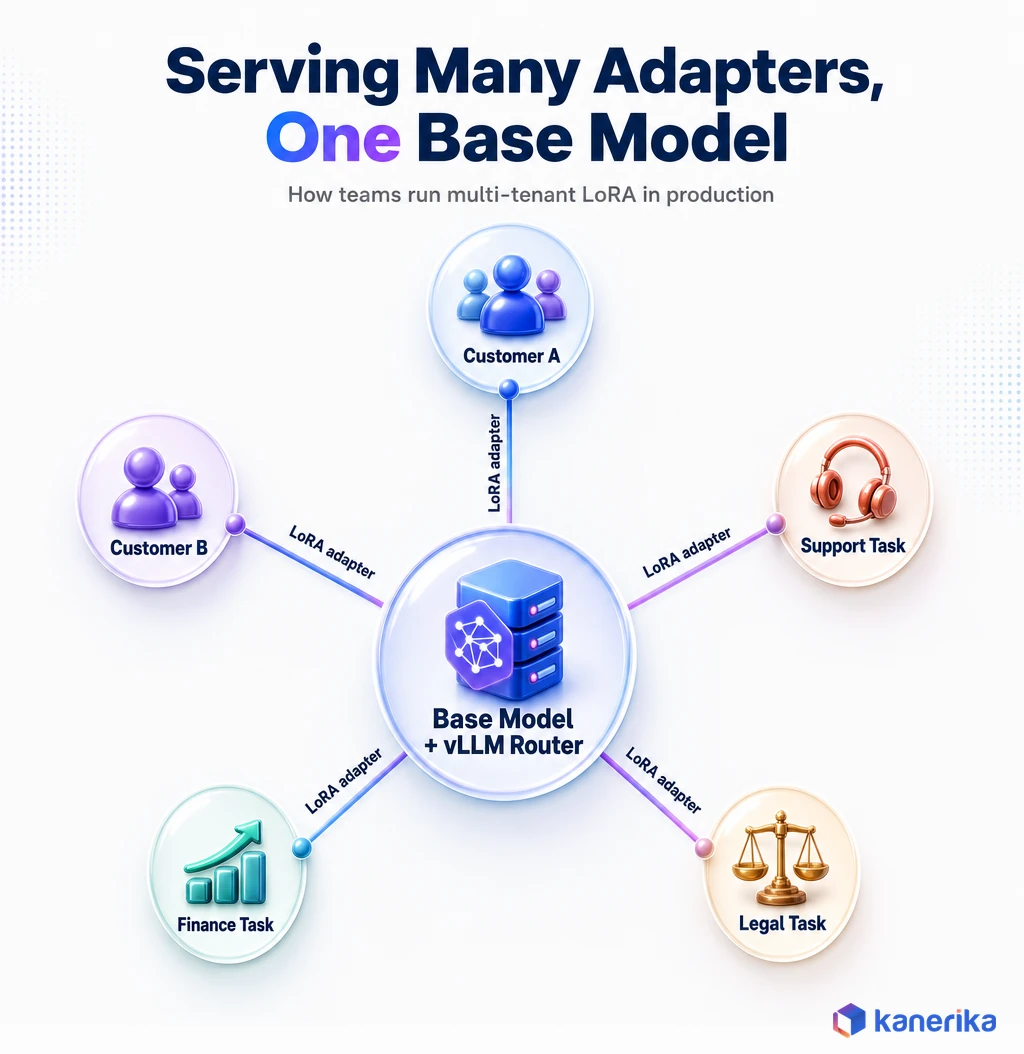 Infographic showing multi-tenant LoRA adapter serving architecture with a base model and router