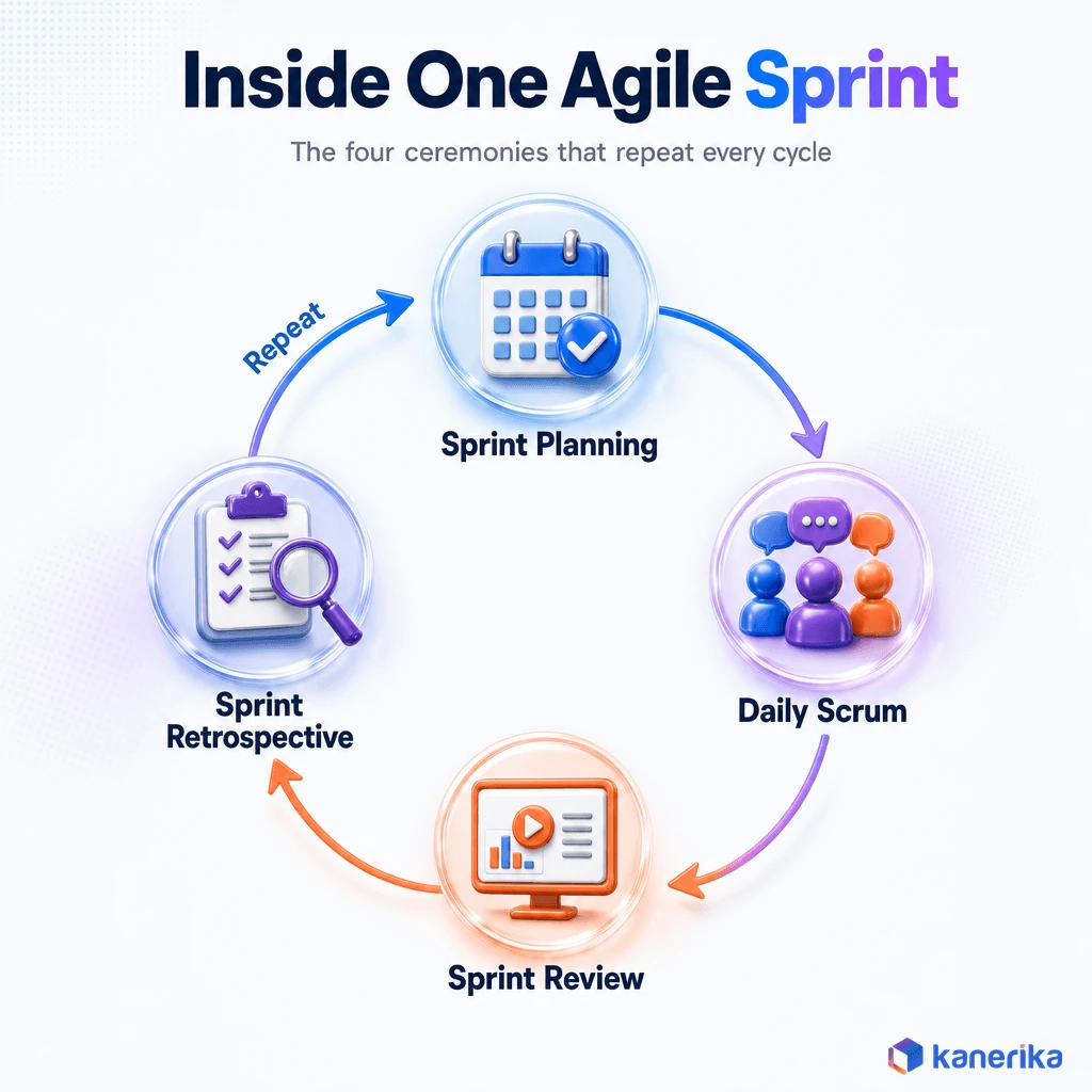 Kanerika infographic of the four Scrum ceremonies inside one sprint, Sprint Planning, Daily Scrum, Sprint Review, and Sprint Retrospective, repeating every cycle